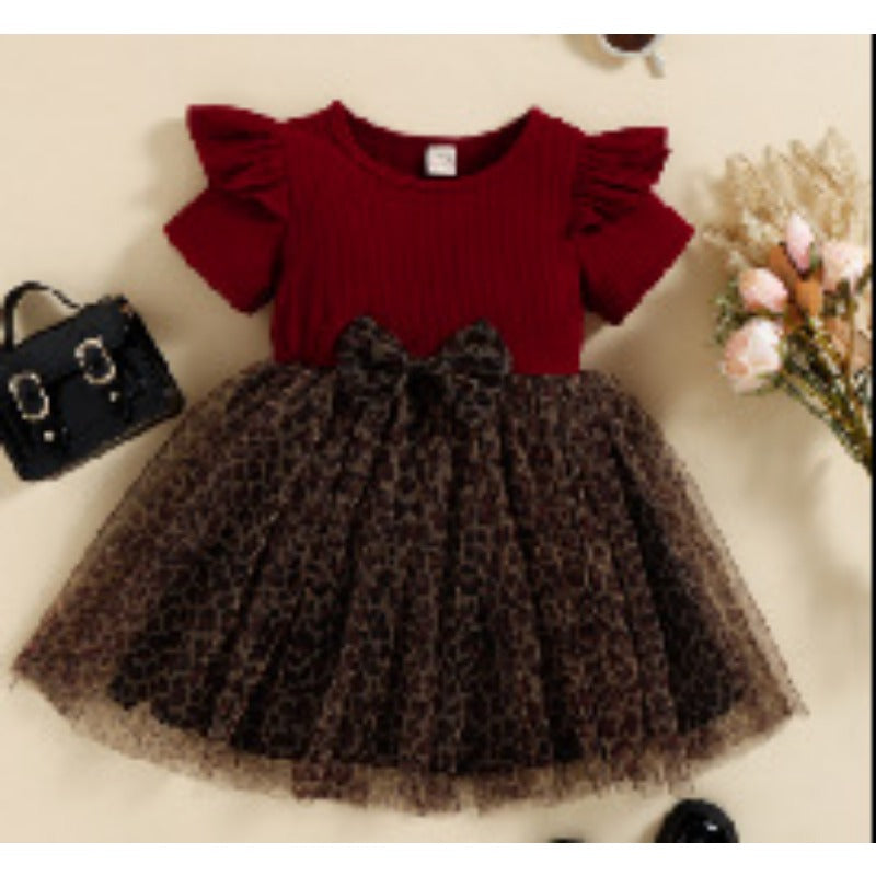 Wholesale Children's Short Sleeved Leopard Print Mesh Bow Cotton Dresses
